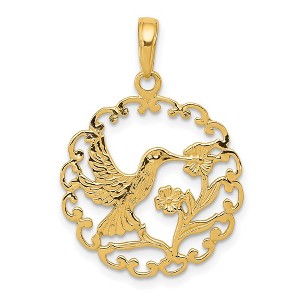 Black Bow Jewelry 14k Yellow Gold 20mm Framed Hummingbird and Flower Pendant - 1 of 4