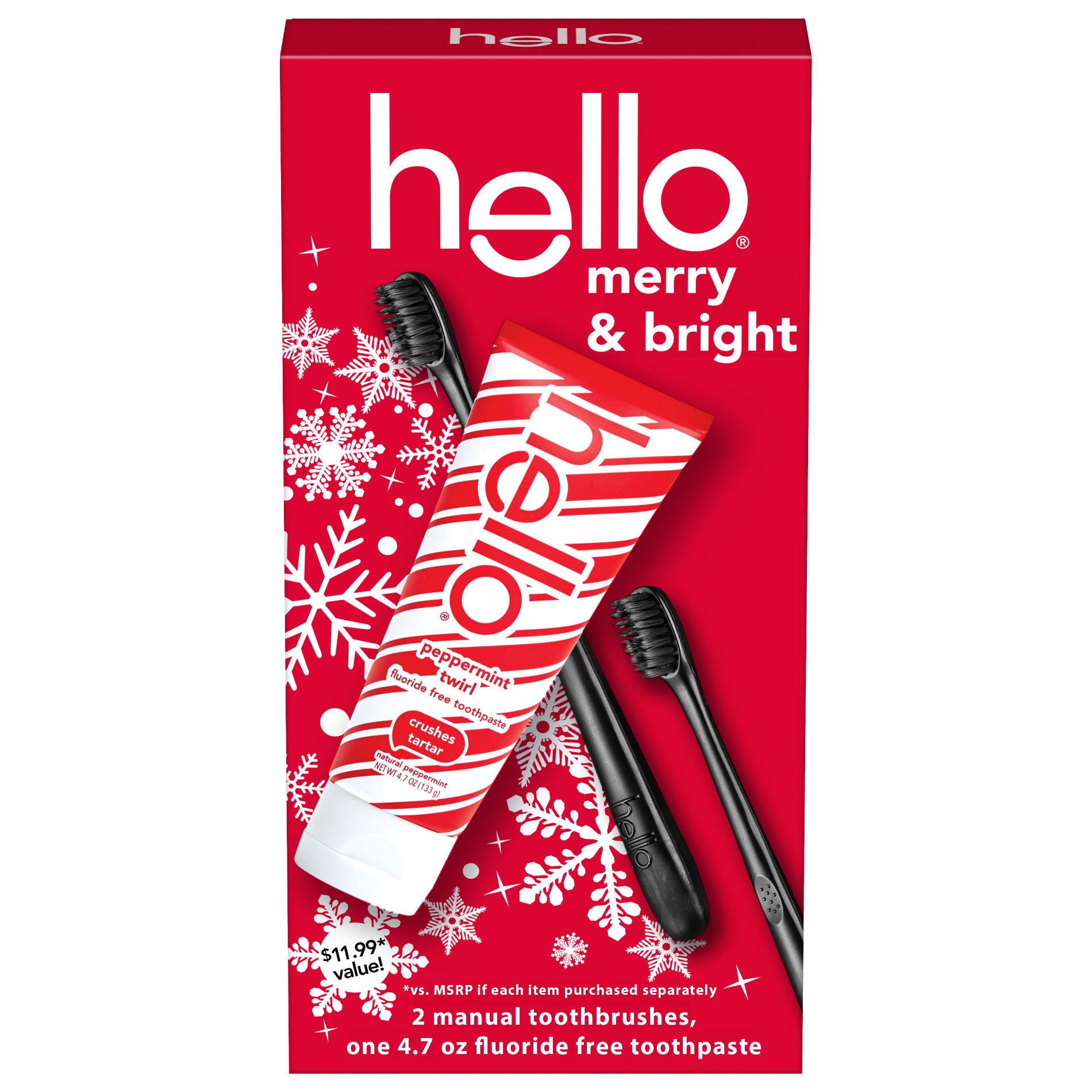 hello Stocking Stuffer, Fluoride-Free Toothpaste and Soft Charcoal Toothbrush Holiday Gift Set - 3ct