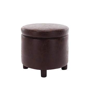 Round Storage Ottoman with Lift Off Lid Dark Brown Faux Leather - WOVENBYRD