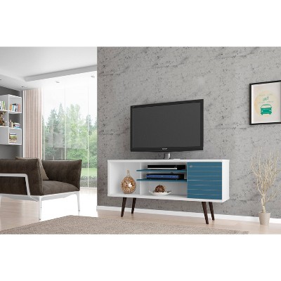 Liberty 53" White and Aqua Blue Mid-Century Modern TV Stand with Cabinet