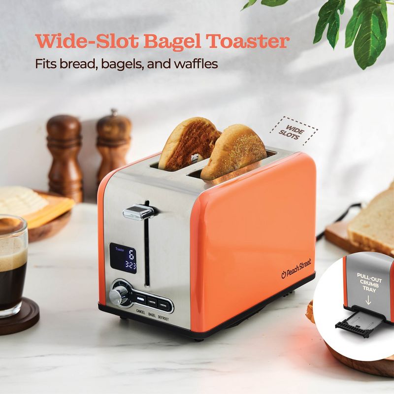 Peach Street 2 Slice Digital Countdown Bread Toaster, Stainless Steel, 6 Browning Levels, Removable Crumb Tray, Defrost, Bagel, Button, 5 of 10