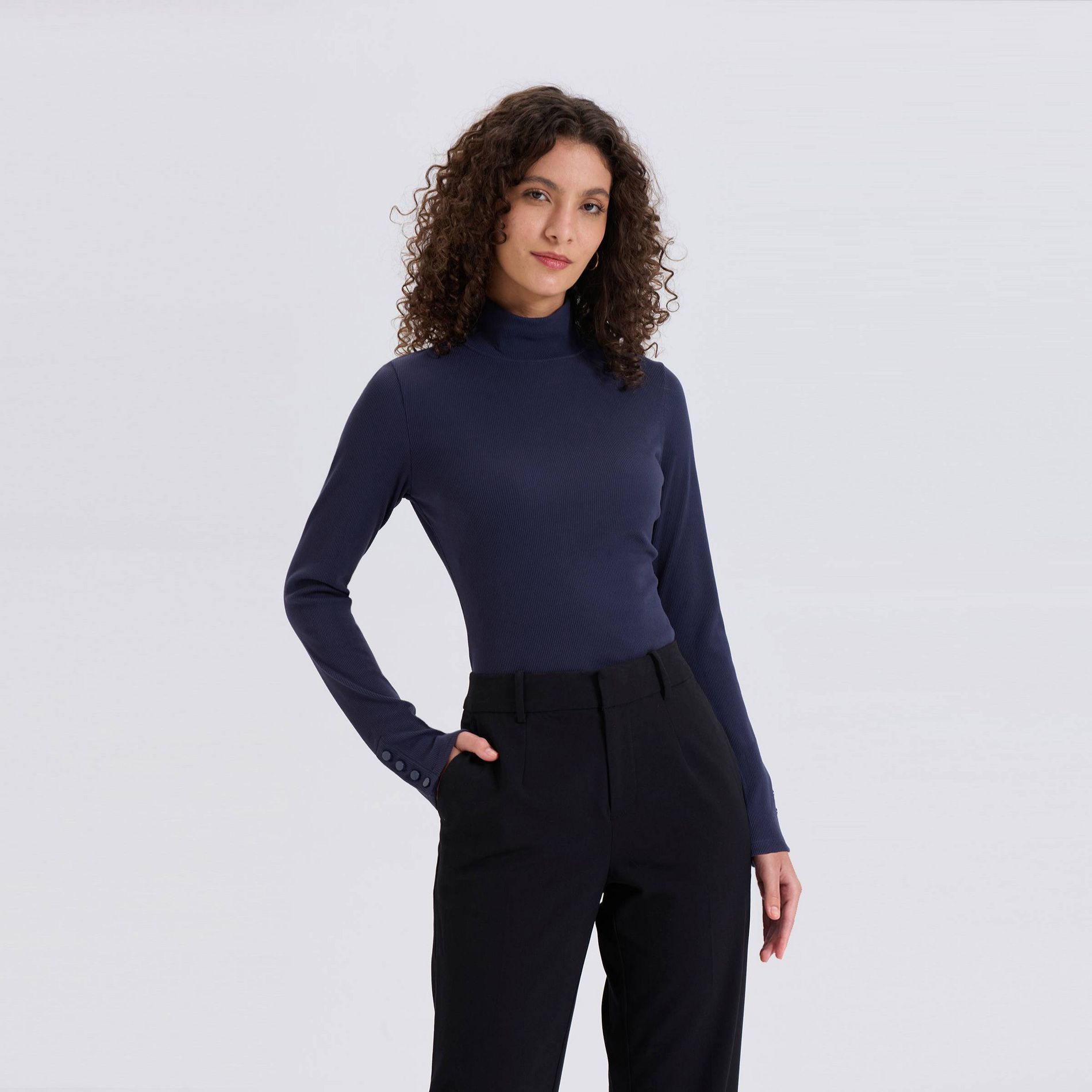 Women's Long Sleeve Mock Neck Rib-Knit Top - A New Day™ Navy Blue L
