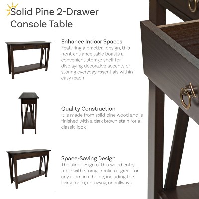 Sunnydaze Dark Brown Pine Wood Console Table with Drawers and Shelf