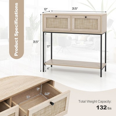 Natural Wood and Rattan Console Table with Metal Frame