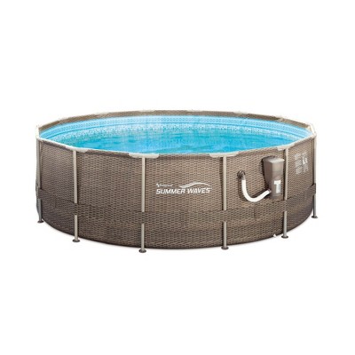 Summer Waves P20014482 14ft x 48in Outdoor Round Frame Above Ground Swimming Pool Set with Skimmer Filter Pump, Filter Cartridge, and Ladder, Brown