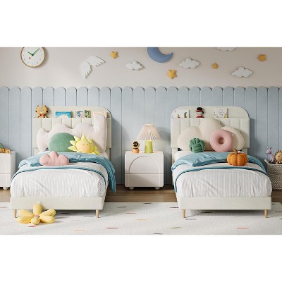 Twin Upholstered Bed Frames,Platform Bed with Bookcase Headboard, Velvet Mattress Foundation, Heavy Duty Steel Support Legs, Cream White, 2PCS