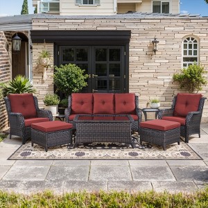 Gymojoy 7 Piece Outdoor Wicker Sofa with Patio Chairs with Coffee Table and Ottoman Sets - 1 of 4