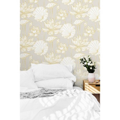 Metallic Gold and Gray Lotus Floral Peel and Stick Wallpaper
