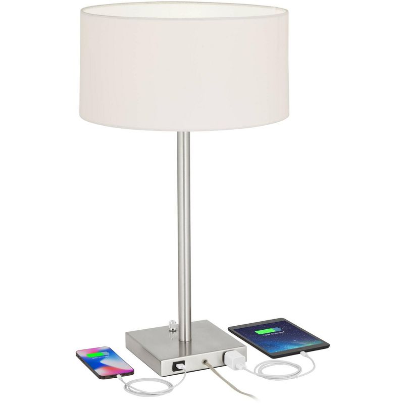 360 Lighting Andre 26 3/4" Tall Mid Century Modern Table Lamps Set of 2 USB Port AC Power Outlet Silver Finish Metal White Shade Living Room Charging, 3 of 10