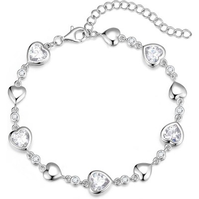 Five Heart Birthstone Tennis Bracelet, 925 Sterling Silver with Adjustable Extender, Anniversary Birthday Gift for Wife