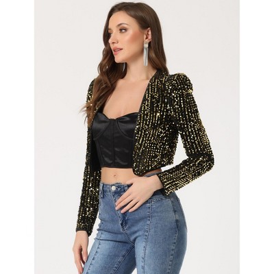 INSPIRE CHIC Women's Sequin Long Sleeve Open Front Party Cropped Jacket XX-Large Black Gold — фото 2