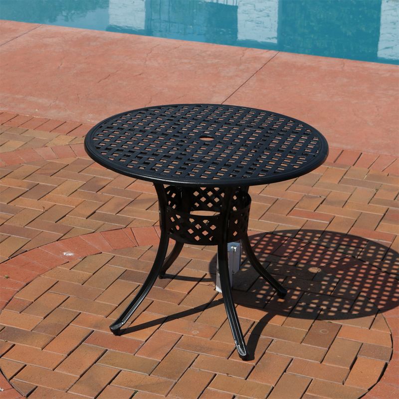 Sunnydaze Round Lattice Design Cast Aluminum Outdoor Patio Table with Umbrella Hole, Black, 3 of 10