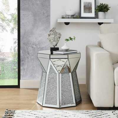 VYNXARIA 20-Inch Drum Style Coffee Table with Mirror Crystal Inlay - Modern Luxury Accent Table