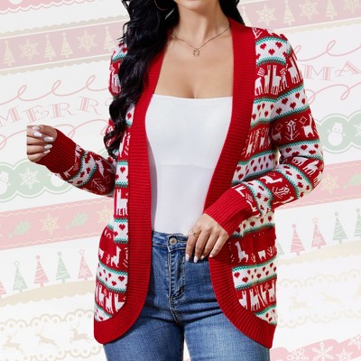 Christmas Cardigan Sweater for Women Long Sleeve Open Front Sweater Jacquard Sweater Knit Ribbed Cuff Cardigan