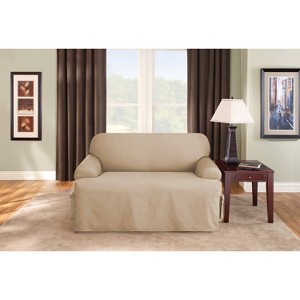 Duck T Cushion Loveseat Slipcover Tan - Sure Fit: Stretch Fit Cotton Furniture Protector, Indoor Use - 1 of 4