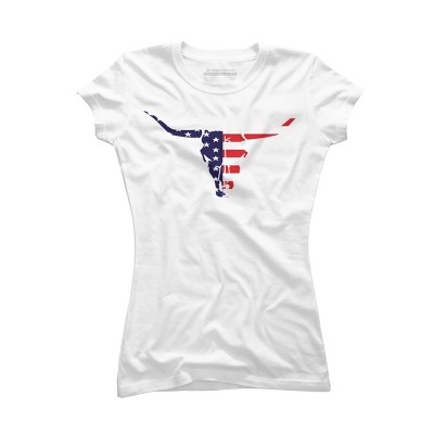 Junior's Design By Humans July 4th American Flag Bull Horns Skull By rasok T-Shirt