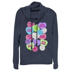 Juniors Womens Marvel Valentine's Day Candy Heart Heroes Cowl Neck Sweatshirt - 1 of 3