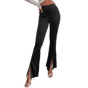 Women's Flare Velvet Corduroy Leggings Elastic High Waist Bootcut Pants Front Split Ribbed Yoga Casual Pants - 1 of 4