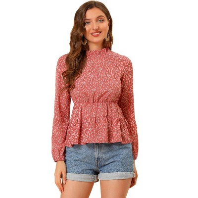 Allegra K Women's Ruffled Peplum Stand Collar Long Sleeve Floral Blouse