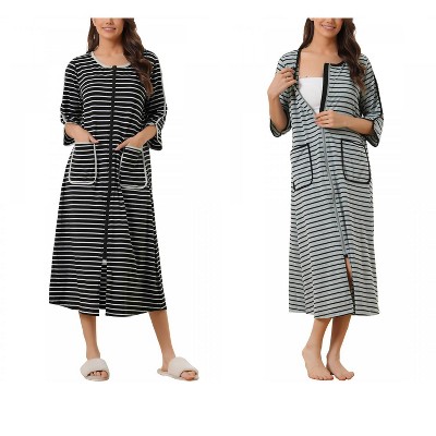 INSPIRE CHIC Women's 2 Pack Zip Front 3/4 Sleeve Nightgown Striped