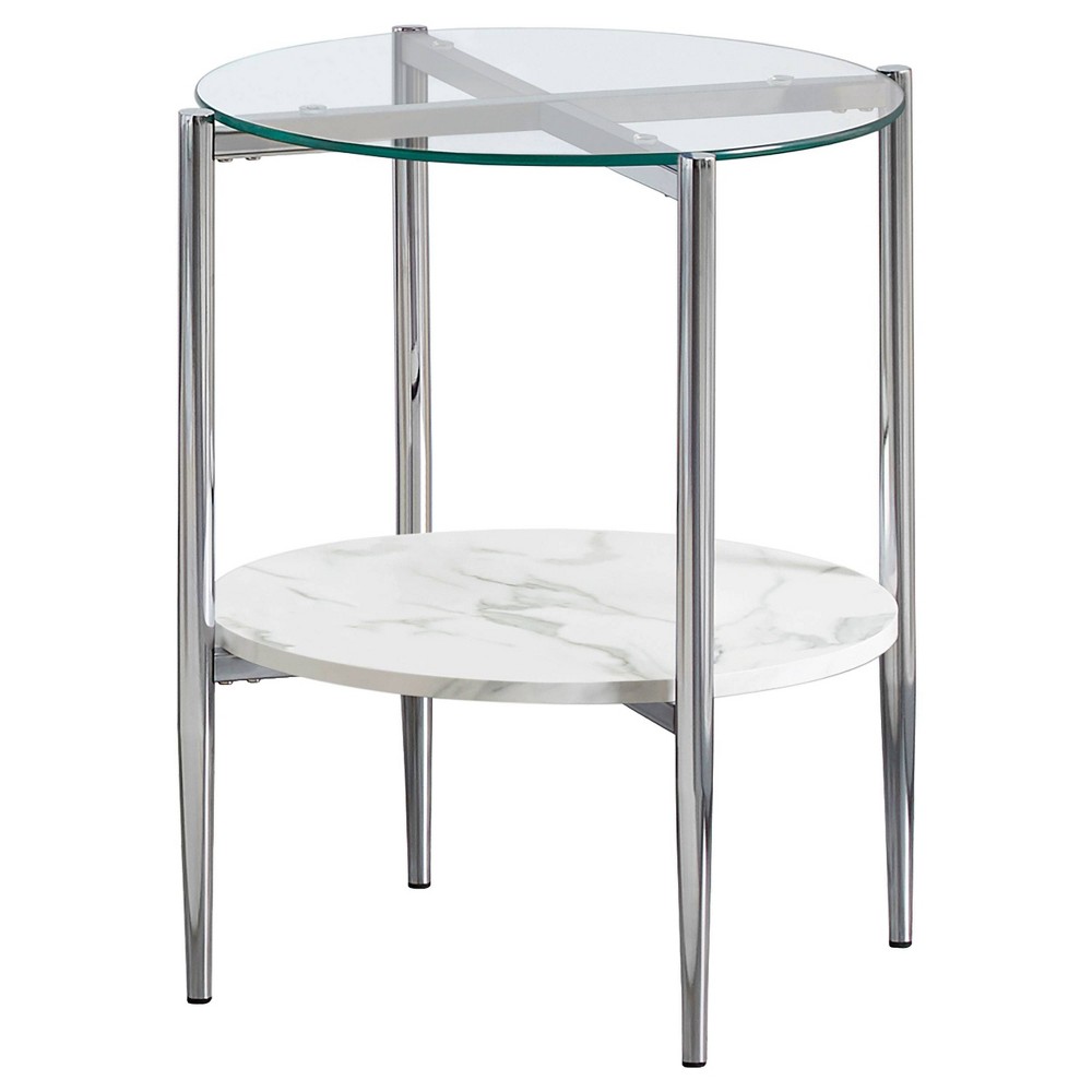 Photos - Dining Table Cadee Round End Table with Glass Top and Faux Marble Shelf Chrome - Coaste