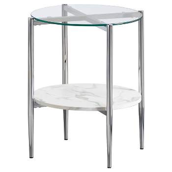 Cadee Round End Table with Glass Top and Faux Marble Shelf Chrome - Coaster