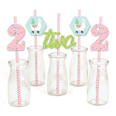Big Dot of Happiness 2nd Birthday Whole Llama Fun - Paper Straw Decor - Llama Fiesta Second Birthday Party Striped Decorative Straws - Set of 24
