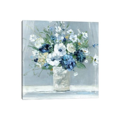 Be Happy Blue Floral Canvas Art Print 18"x18"