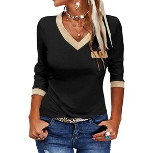 Imily Bela Womens Long Sleeve T Shirts Casual V Neck Color Block Tunic Tops Loose Basic Top - 1 of 4