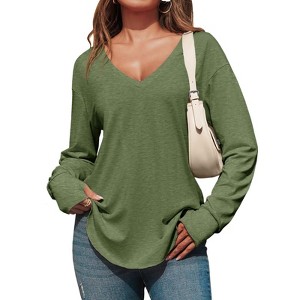 Imily Bela Womens Deep V Neck Tunic Tops Long Sleeve Oversized Casual Loose Fit Curved Hem T Shirts - 1 of 4