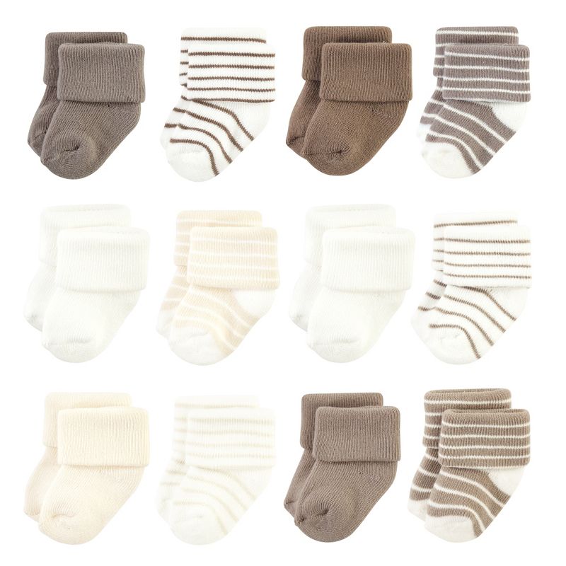 Hudson Baby Infant Boy Cotton Rich Newborn and Terry Socks, Beige Stripe 12 Pack, 1 of 9