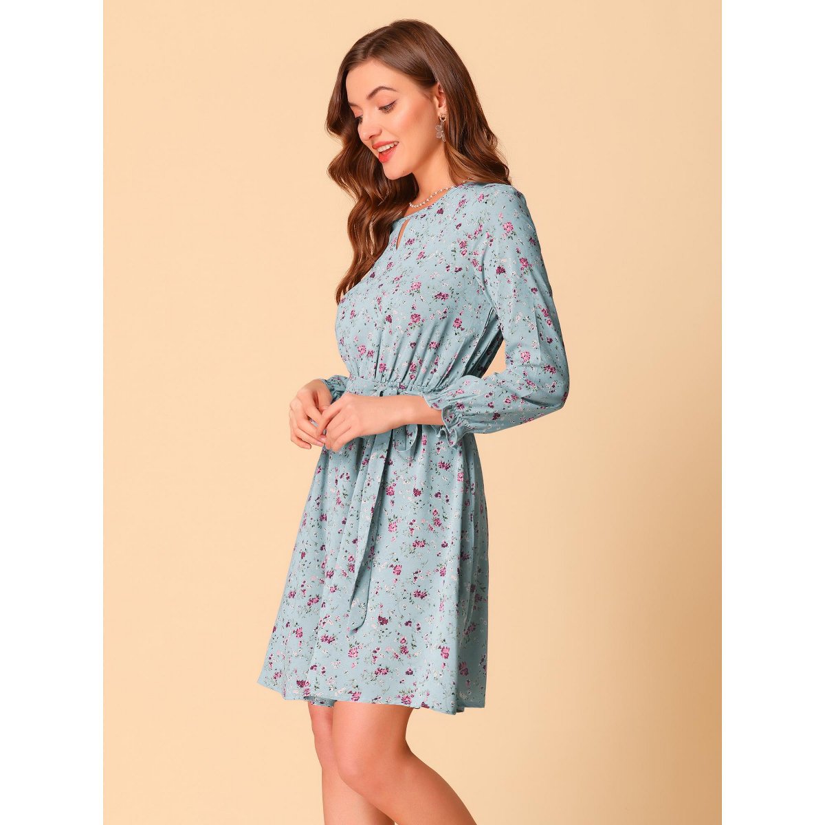 Женские платья INSPIRE CHIC Women's Round Neck Long Sleeve Elastic Tie Waist Dress Small Powder Blue — фото 4