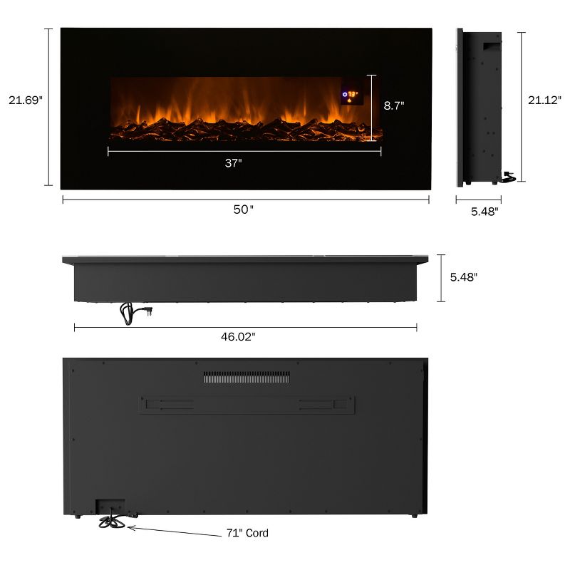 Wall-Mounted Electric Fireplace - Black Glass and Steel LED Flame Electric Heater With Bottom Vents, 2 Heat Settings, and Auto Shutoff by Northwest, 3 of 10