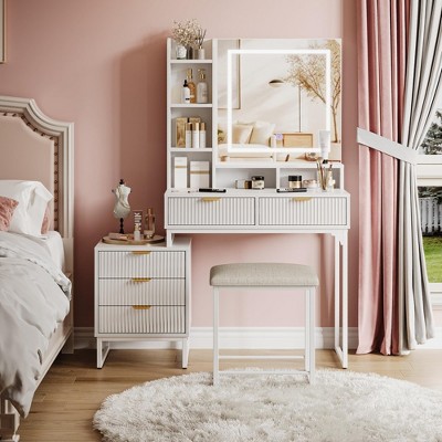 Makeup Vanity Desk with Mirror and Lights, Vanity Table with 5 Drawers