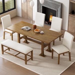 6 PCS Farmhouse Dining Set, Dining Set with Extendable Table and 4 Chairs and 1 Bench, Upholstered Chairs and Bench with Cushions-Coolbibila - 1 of 4