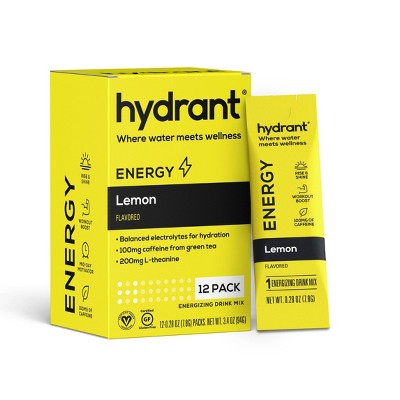 Hydrant Energy Electrolyte Rapid Hydration Powder Packets Drink Mix with Caffeine - Lemon - 12ct