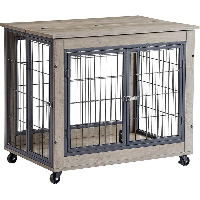 Acekool Wooden Dog Crate - 2-in-1 Side Table & Kennel with Wheels