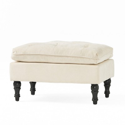 Cream Tufted Fabric Rectangular Ottoman with Turned Legs