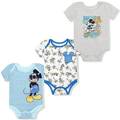 Disney Boy's 3-Pack Mickey Mouse Summer Wave Graphic Baby Bodysuit Creeper Set For Infants