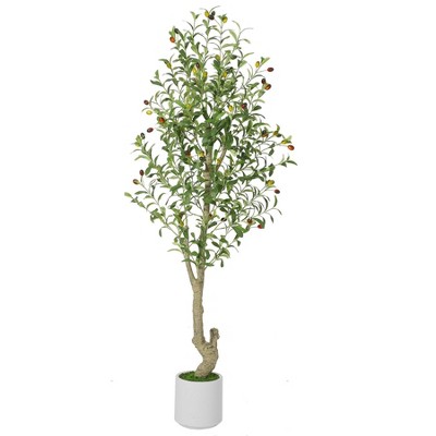 Tall Faux Olive Tree，5ft（60in） Tall Faux Olive Tree with White Planter and Green Fake Moss, 1 Pack
