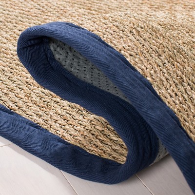 Natural and Blue Flat Woven Wool Cotton Area Rug