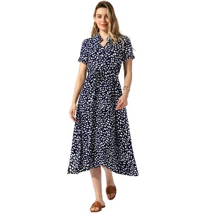 Allegra K Women's Casual Button Down Short Sleeve Drawstring High Waist Midi A Line Dress - 1 of 4