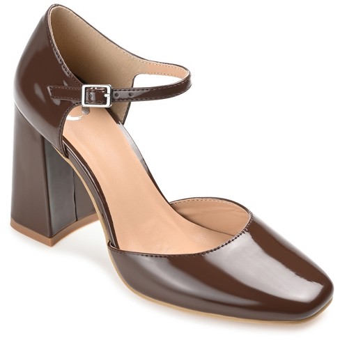 Journee Collection Womens Hesster Mary Jane Mid Block Heel Square Toe Pumps  Brown 6
