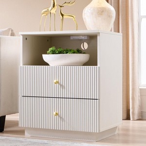 SinCiDo Nightstand w/Charging Station, 21.65" Modern Fluted Bedside Table w/2 Storage Drawers & Open Shelf, Wood End Table for Bedroom - 1 of 4