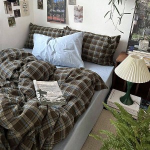 Vintage Buffalo Plaid Duvet Cover Set, Queen Size, 3 Piece Washed Cotton Bedding with Grid Pattern, Soft Breathable, Brown Blue, Beige - 1 of 4