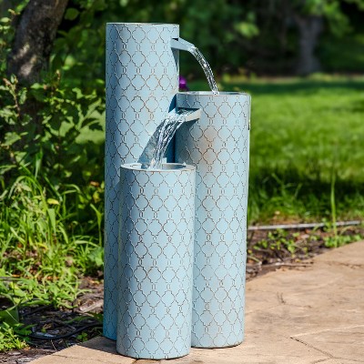 Moroccan Trellis Blue Zinc 3-Column Outdoor Water Fountain