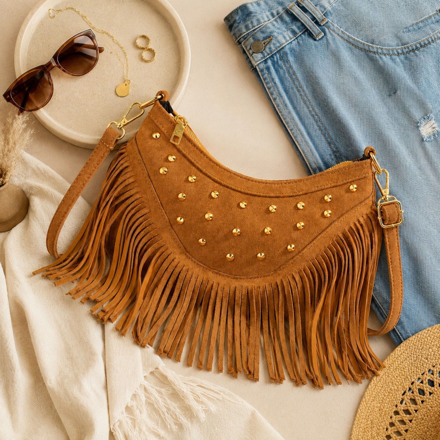 Женская сумка Alilang Studded Fringe Crossbody Bag Suede Look Crescent Shoulder Purse with Adjustable Strap - Brown, цвет: Коричневый — фото 5
