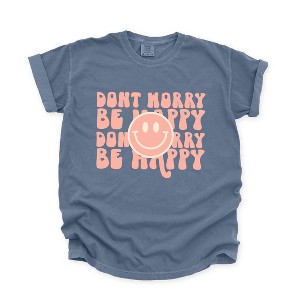 Simply Sage Market Women's Don't Worry Be Happy Smiley Face Short Sleeve Garment Dyed Tee - 1 of 4