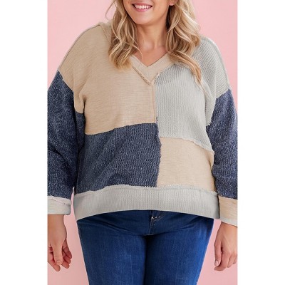 Women's Textured Colorblock Patchwork V-neck Top - Plus - 66DISCO