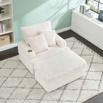 NicBex Couches for Living Room 39" Single Chaise Lounge Chair Corduroy Upholstered Sofa Sleeper Chair with Ottoman and Cup Holders